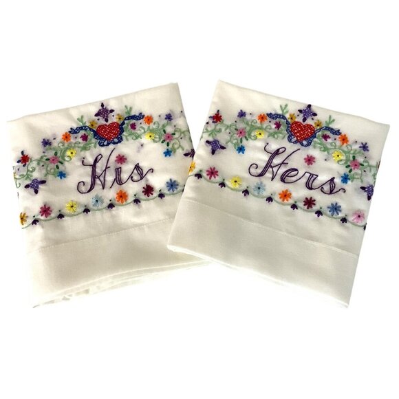 His & Hers Embroidered Queen Size Pillowcases Pair White Cotton Poly Blend - Picture 1 of 7